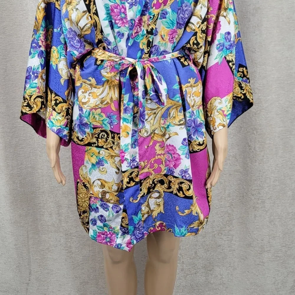 Vintage Satin Floral and Baroque Print Chemsie Slip Dress and Matching Robe Set